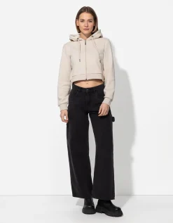 Cropped sweatjack - Capuchon met tunnelkoord - wit