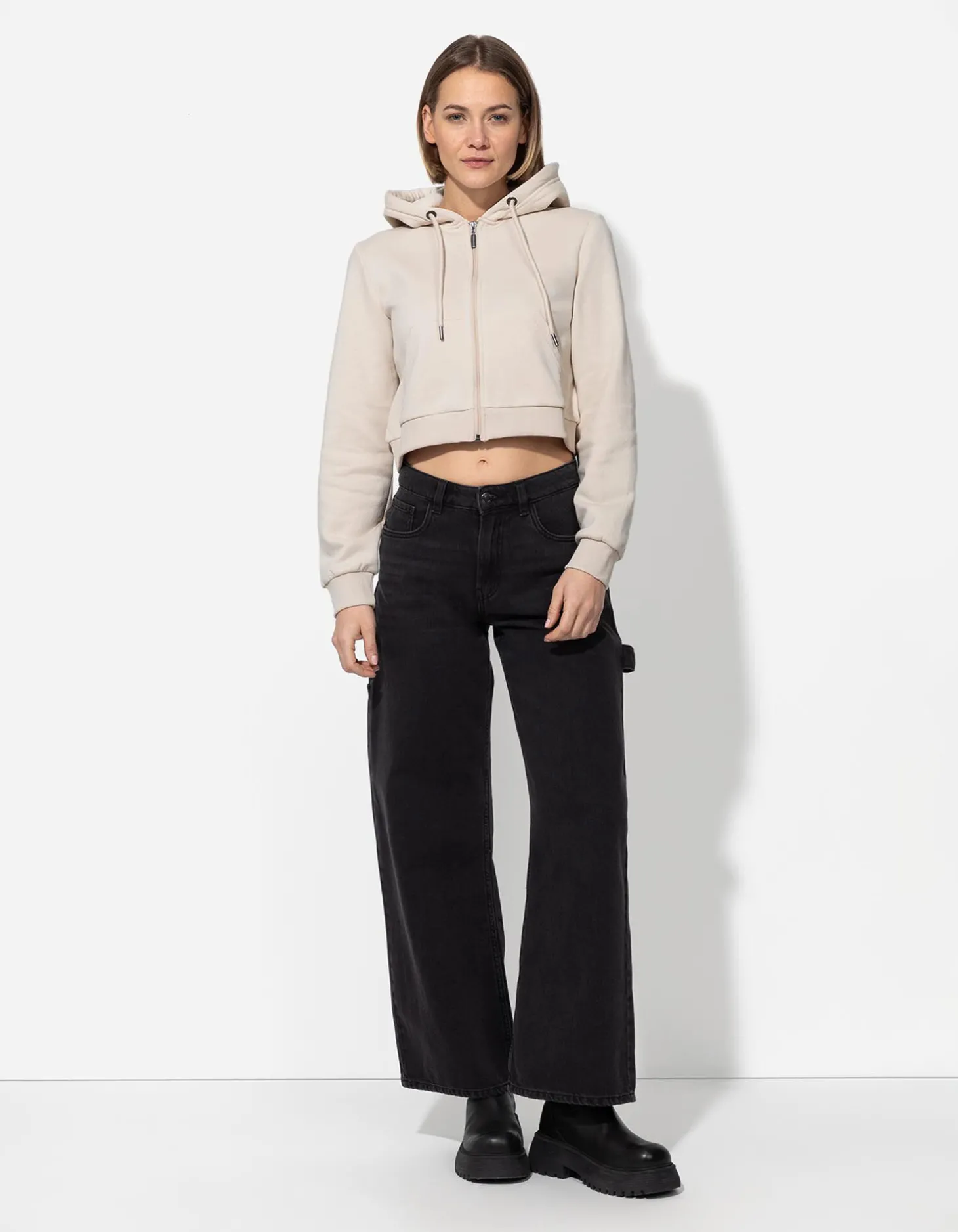 Cropped sweatjack - Capuchon met tunnelkoord - wit