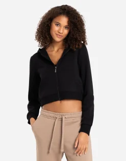 Cropped sweatjack - Capuchon met tunnelkoord - zwart
