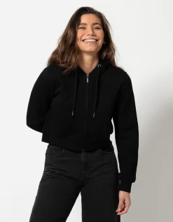 Cropped sweatjack - Capuchon met tunnelkoord - zwart