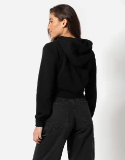 Cropped sweatjack - Capuchon met tunnelkoord - zwart