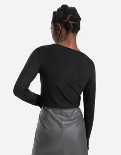 Gesneden shirt met lange mouwen - Geribde structuur - zwart