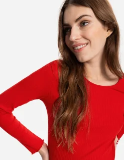 Gesneden shirt met lange mouwen - Geribde structuur - rood