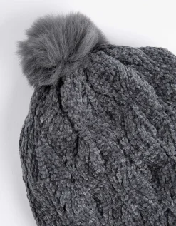 Muts met pompon - kabelpatroon - donkergrijs