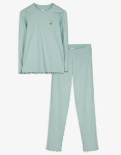 Pyjamaset bestaande uit shirt met lange mouwen en broek - Geschulpte zoom - groen