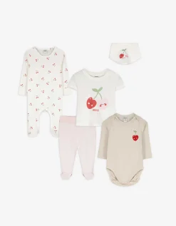 Set bestaande uit romper met lange mouwen, broek, T-shirt, romper en slabbetje - Print all-over - wit