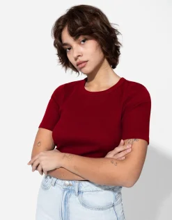 T-shirt - Geribde structuur - donkerrood
