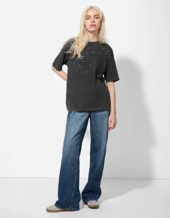 T-shirt - Met studs - donkergrijs